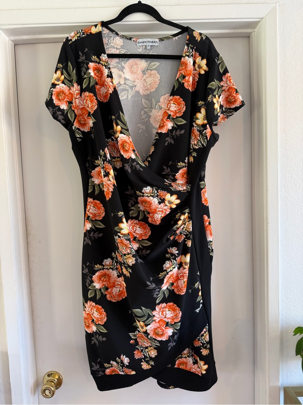 Black Wrap Dress with Orange Blooms